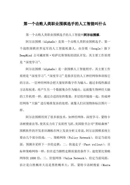 第一个击败人类职业围棋选手的人工智能叫什么