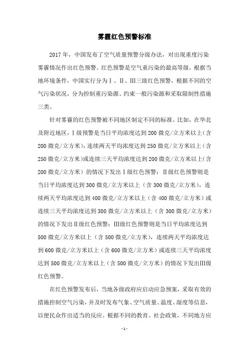 雾霾红色预警标准