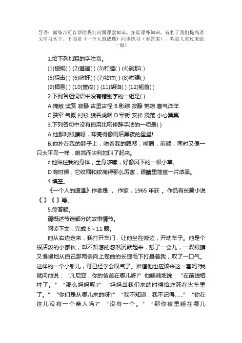 《一个人的遭遇》同步练习（附答案）