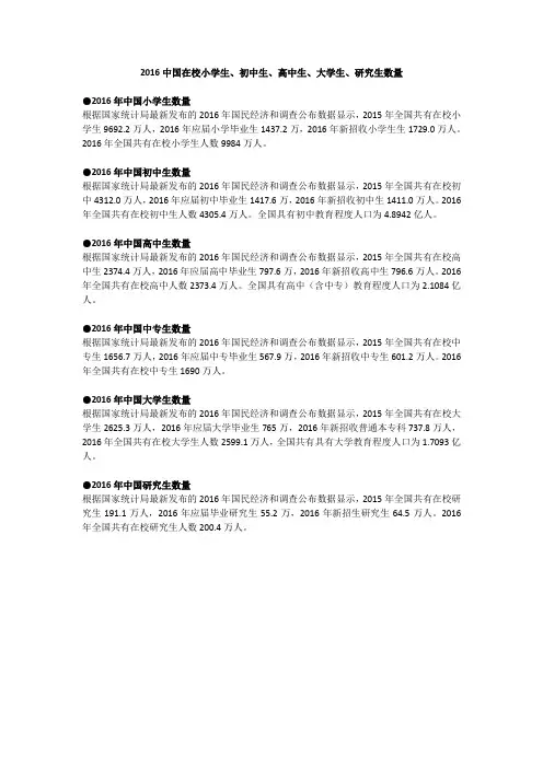2016中国在校小学生、初中生、高中生、大学生、研究生数量