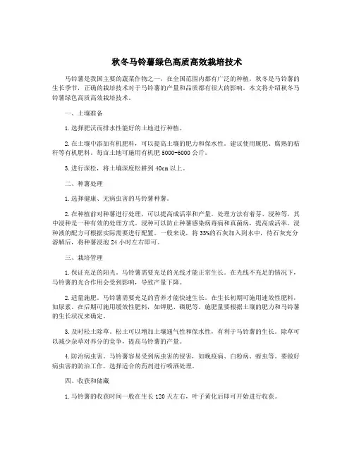 秋冬马铃薯绿色高质高效栽培技术