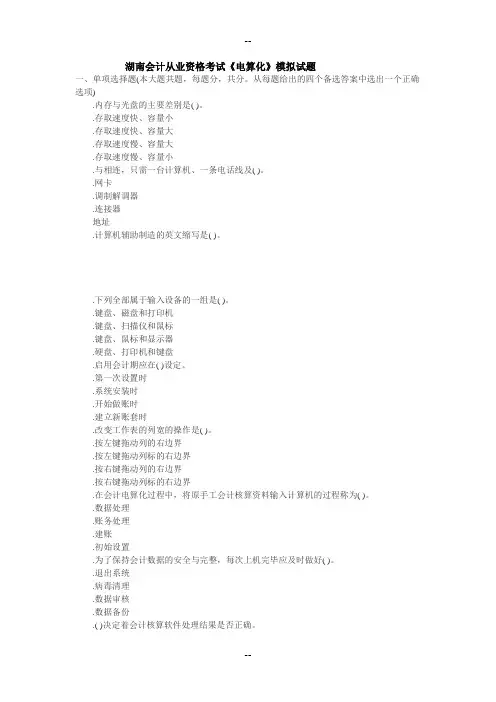 湖南会计从业资格证考试《电算化》模拟试题