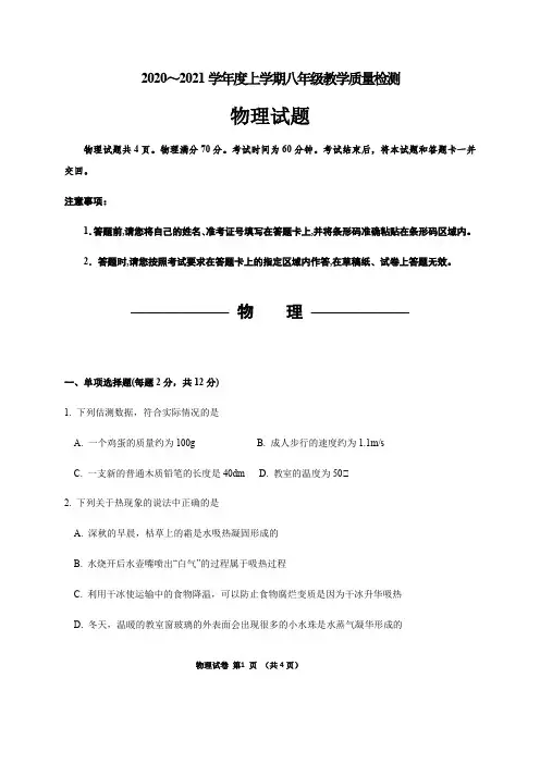 2020-2021学年八年级上学期期末考试物理试题