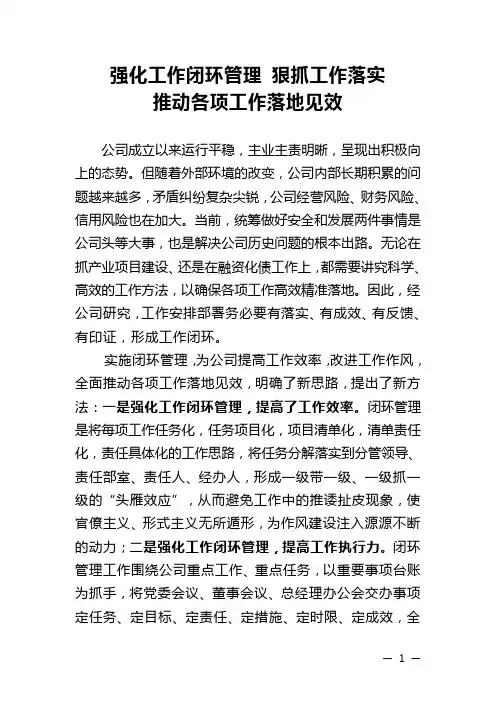 强化工作闭环管理 狠抓工作落实推动各项工作落地见效
