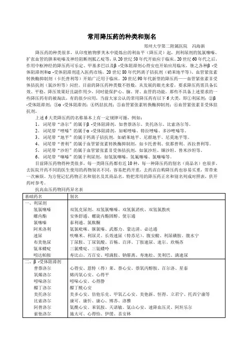 常用降压药的种类和别名
