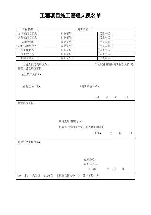 工程项目施工管理人员名单