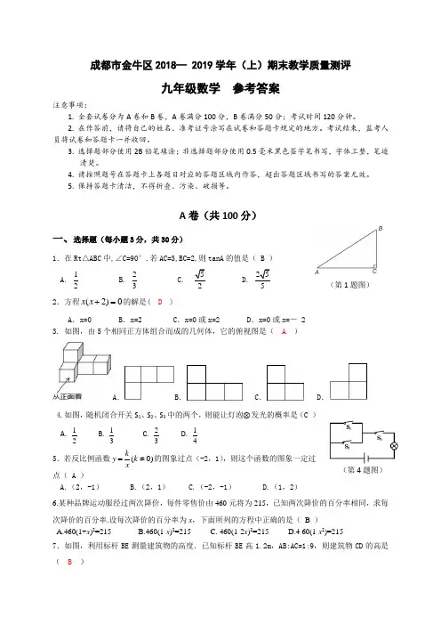 成都市金牛区2018-2019学年度上期期末考试题九年级数学(含答案)