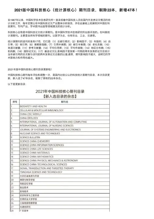 2021版中国科技核心（统计源核心）期刊目录，剔除22本，新增47本！