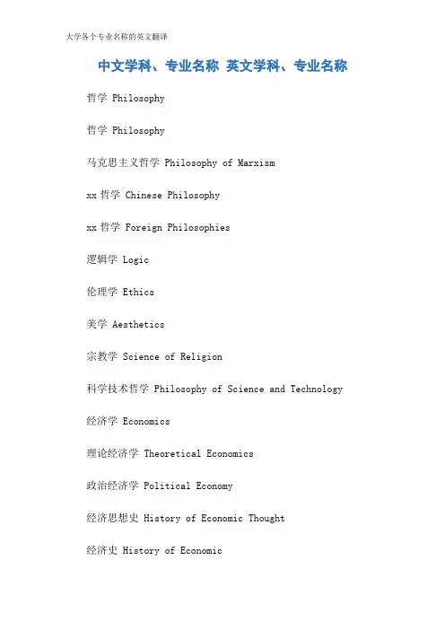 大学各个专业名称的英文翻译