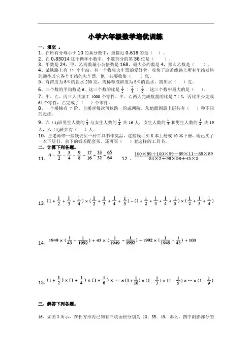 小学六年级数学培优训练题(3套)