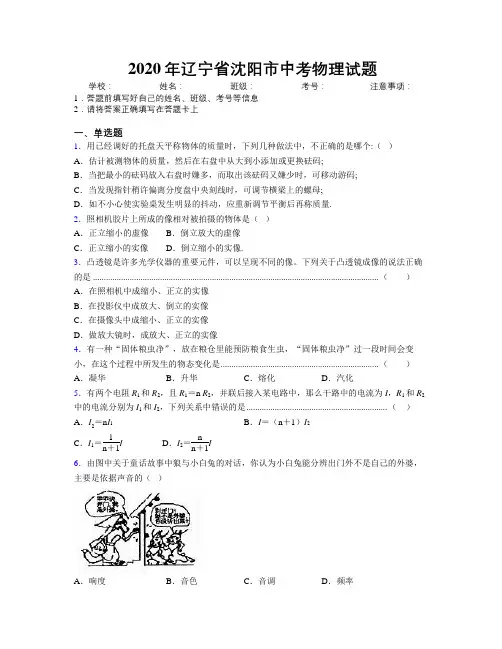 2020年辽宁省沈阳市中考物理试题附解析