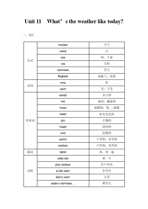 广州版小学英语五年级上册  Unit 11  What’s the weather like today重点总结(含习题和答案)