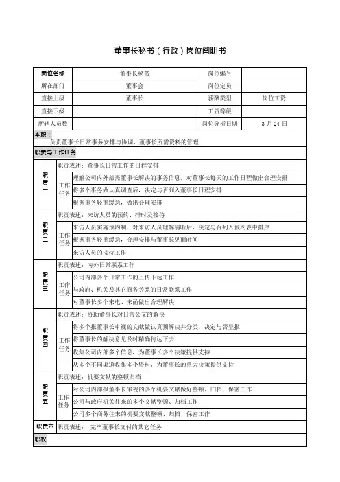 董事长秘书岗位说明书