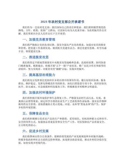 2023年农村党支部公开承诺书