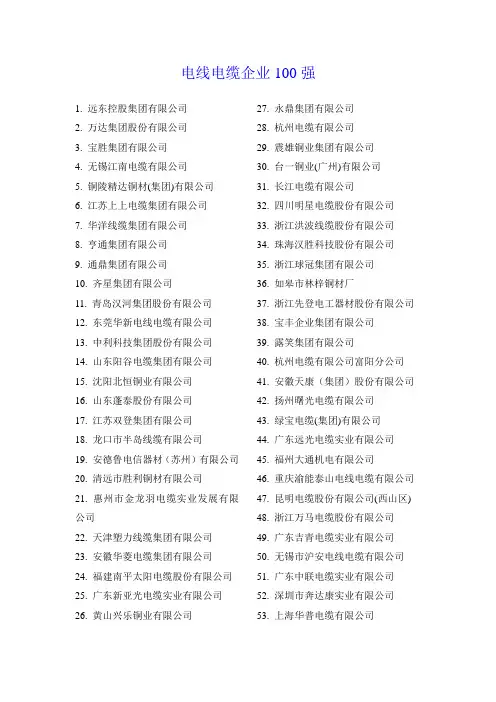 电线电缆100强企业名单