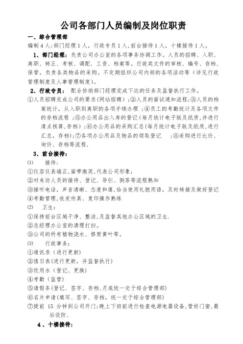 公司各部门人员编制及岗位职责