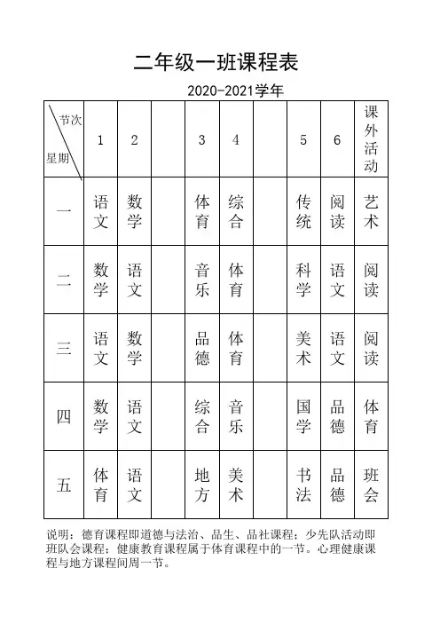 小学二年级各班级课程表