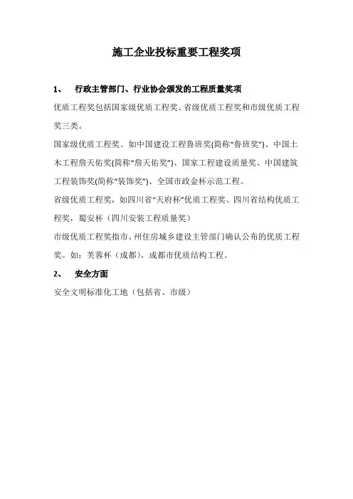 施工企业投标重要工程奖项