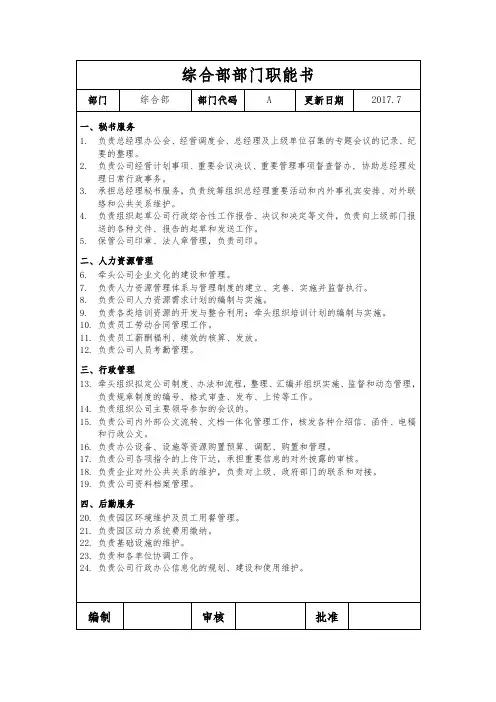 综合部部门职能书