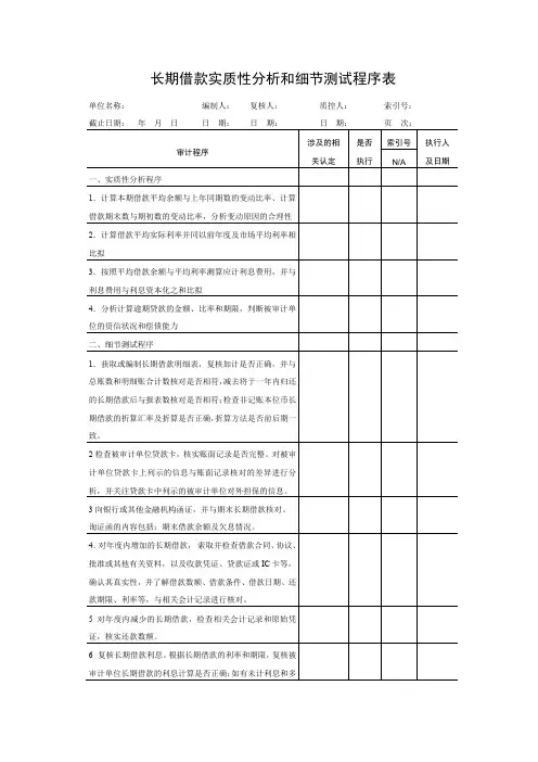 财务管理《长期借款实质性分析和细节测试程序表》