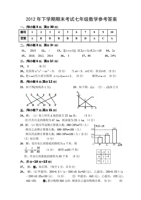 2012年下学期期末考试七年级数学参考答案