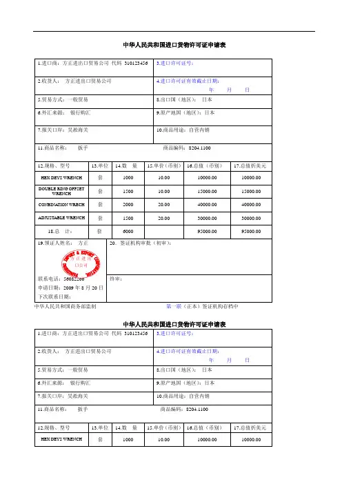 中华人民共和国进口货物许可证申请表
