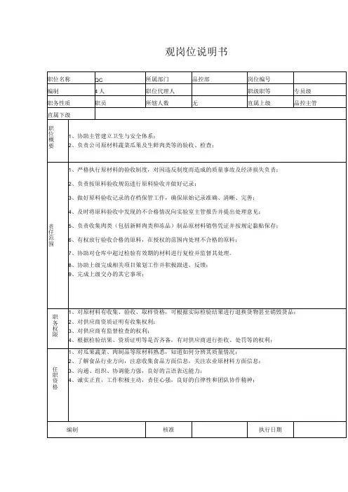 食品公司QC岗位说明书