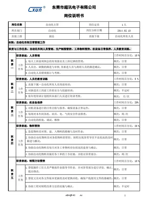 自动化主管岗位说明书