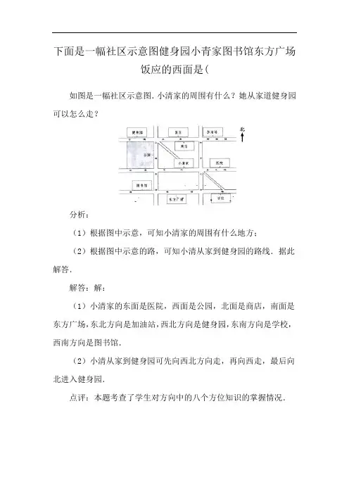 下面是一幅社区示意图健身园小青家图书馆东方广场饭应的西面是(