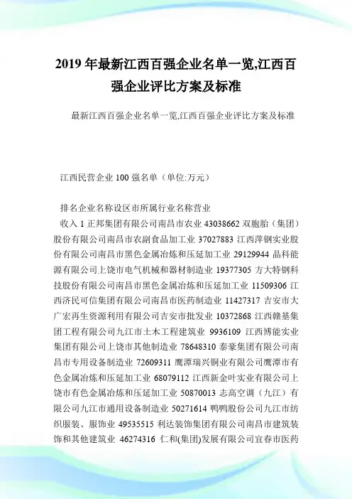 最新江西百强企业名单一览,江西百强企业评比方案及标准.doc