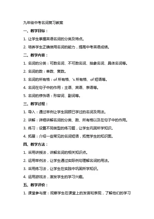 九年级中考名词复习教案