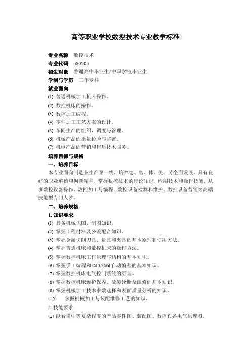 高等职业学校数控技术专业教学标准