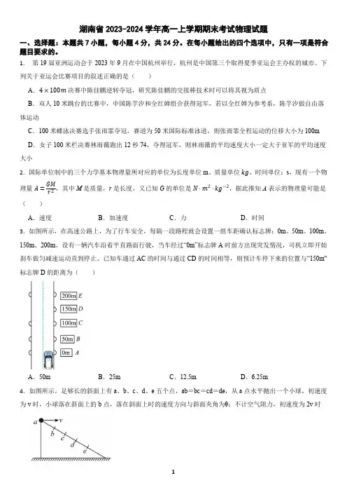 湖南省岳阳市2023-2024学年高一上学期期末考试物理试题(含答案)2