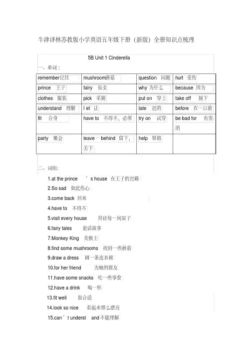 2018年牛津苏教译林英语五年级下册全册复习资料