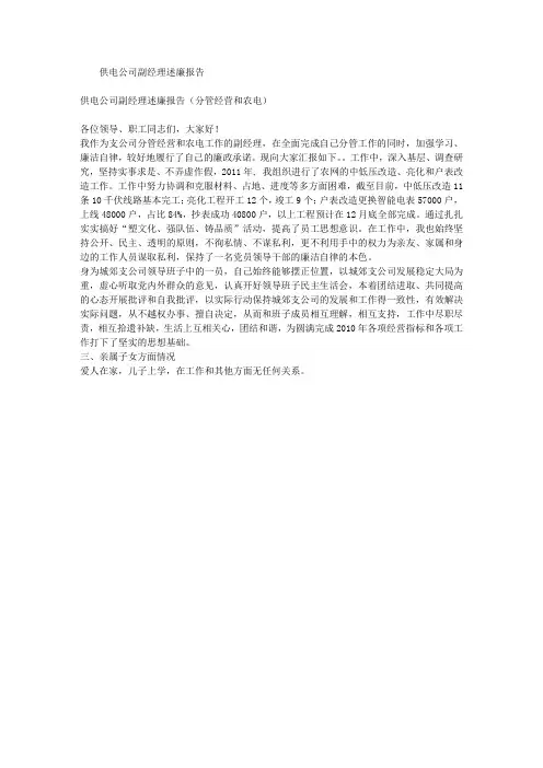 供电公司副经理述廉报告(分管经营和农电)