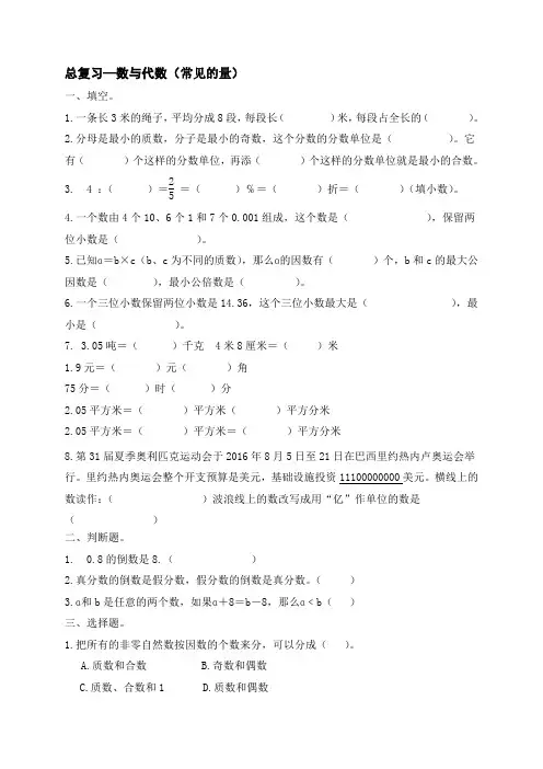 苏教版六年级下册数学总复习—数与代数(常见的量)【含答案】