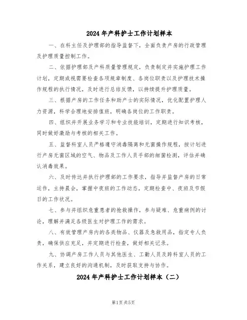 2024年产科护士工作计划样本（3篇）