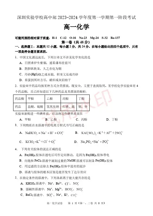 广东深圳实验学校高中部2023年高一上学期第一阶段考试化学试题