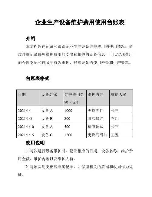 企业生产设备维护费用使用台账表