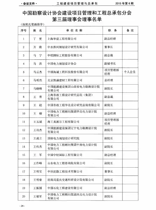 中国勘察设计协会建设项目管理和工程总承包分会第三届理事会理事名单