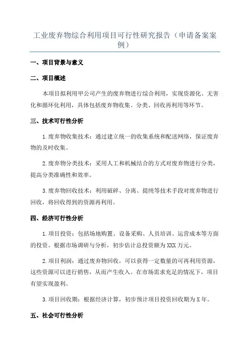 工业废弃物综合利用项目可行性研究报告(申请备案案例)