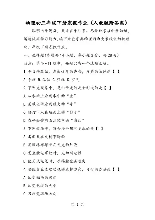 物理初三年级下册寒假作业(人教版附答案)
