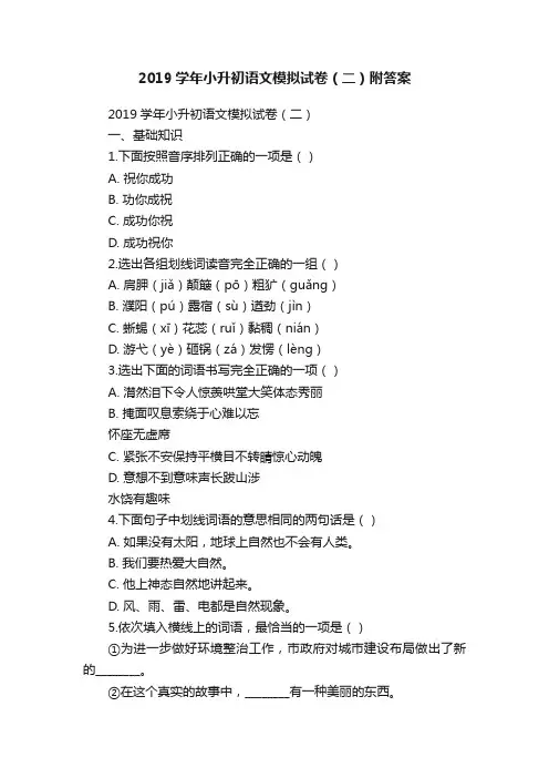 2019学年小升初语文模拟试卷（二）附答案