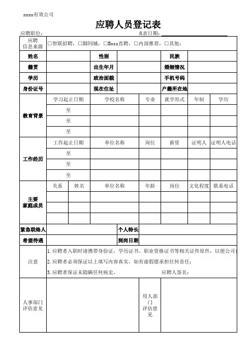应聘人员登记表
