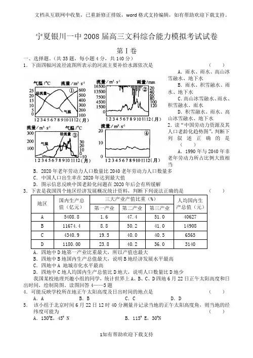 宁夏银川一中“2020届高三文科综合能力模拟考试试卷