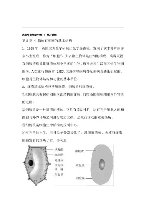 七年级下册苏科新版生物复习提纲
