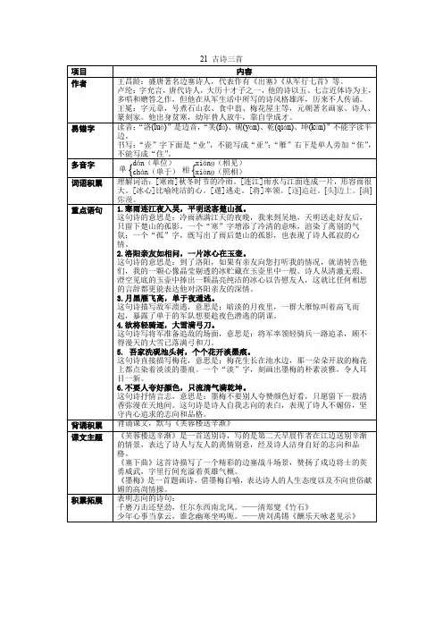 部编小学语文四下《古诗三首》课堂笔记