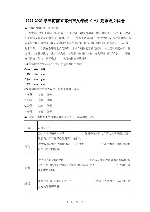 2022-2023学年河南省郑州市九年级(上)期末语文试卷(含答案解析)