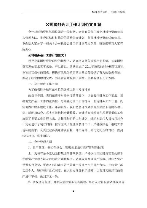 公司税务会计工作计划范文5篇