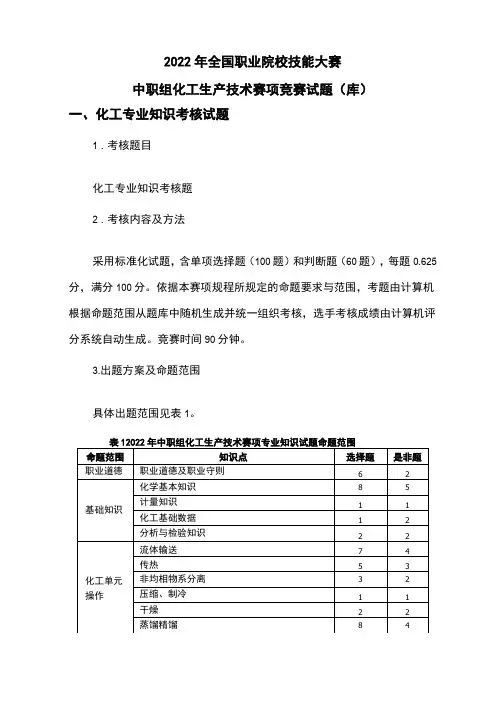 2022 年全国职业院校技能大赛(中职组)化工生产技术赛项竞赛试题库